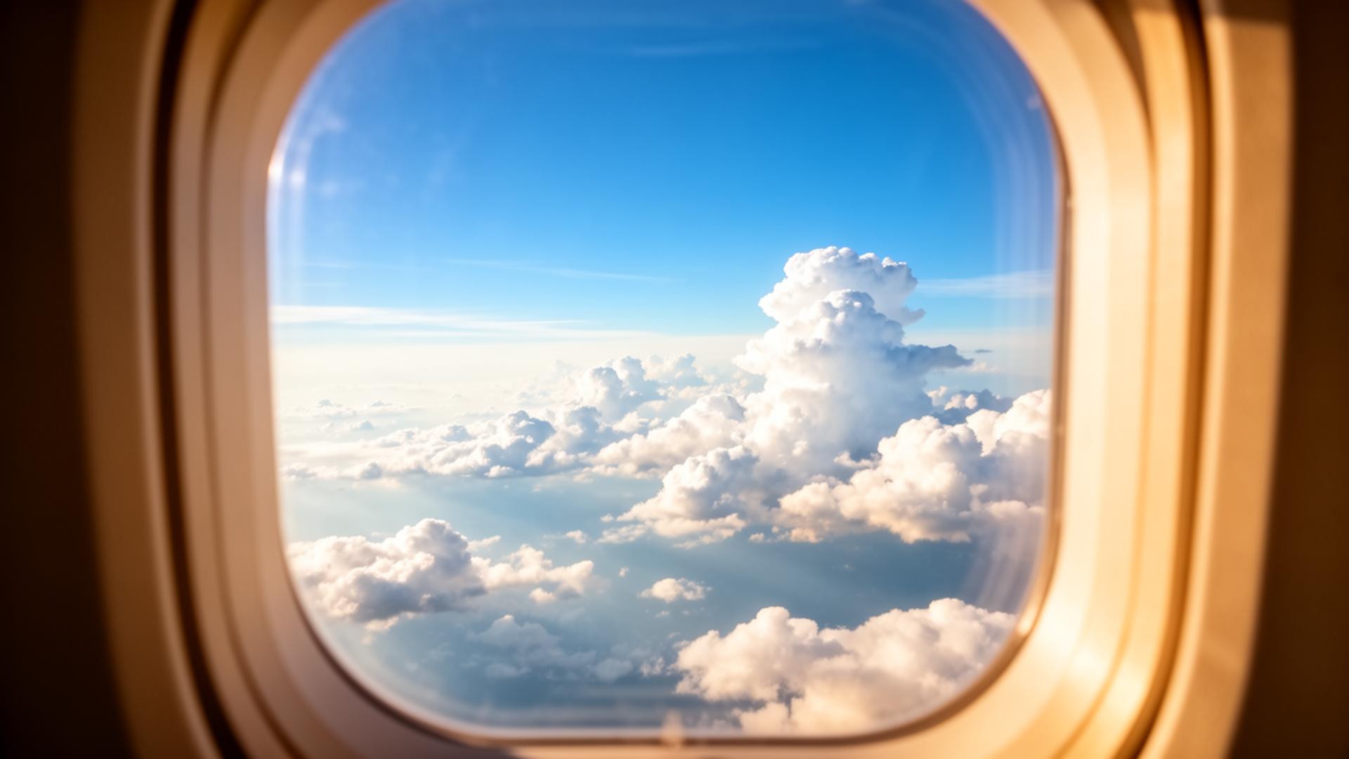 View through airplane window with bright blue sky and daylight